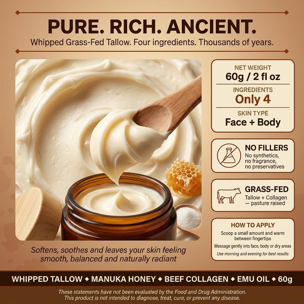 Beef Tallow Face & Body Cream – Collagen, Manuka Honey & Emu Oil