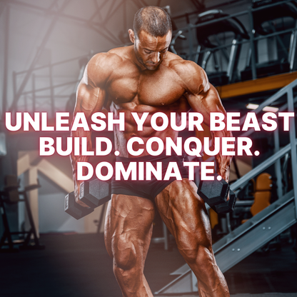 Muscular man lifting weights with motivational text in a gym setting
