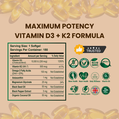 D3 + K2 Softgels with Coconut Oil – Premium Dietary Supplement