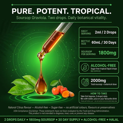 Graviola Soursop Liquid Drops 2000mg – Acerola Cherry, Turmeric & Black Pepper