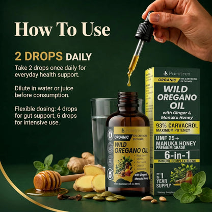 Organic Wild Oregano Oil Drops – 93% Carvacrol with Ginger & UMF 25+ Manuka Honey