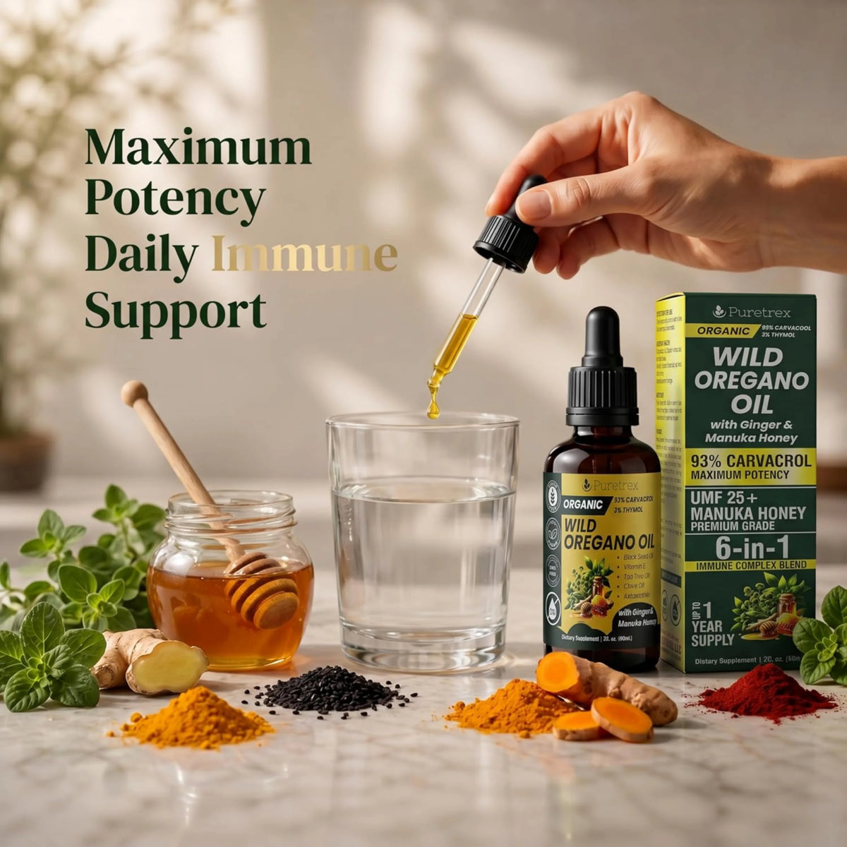 Organic Wild Oregano Oil Drops – 93% Carvacrol with Ginger & UMF 25+ Manuka Honey