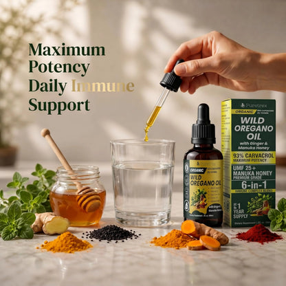 Organic Wild Oregano Oil Drops – 93% Carvacrol with Ginger & UMF 25+ Manuka Honey