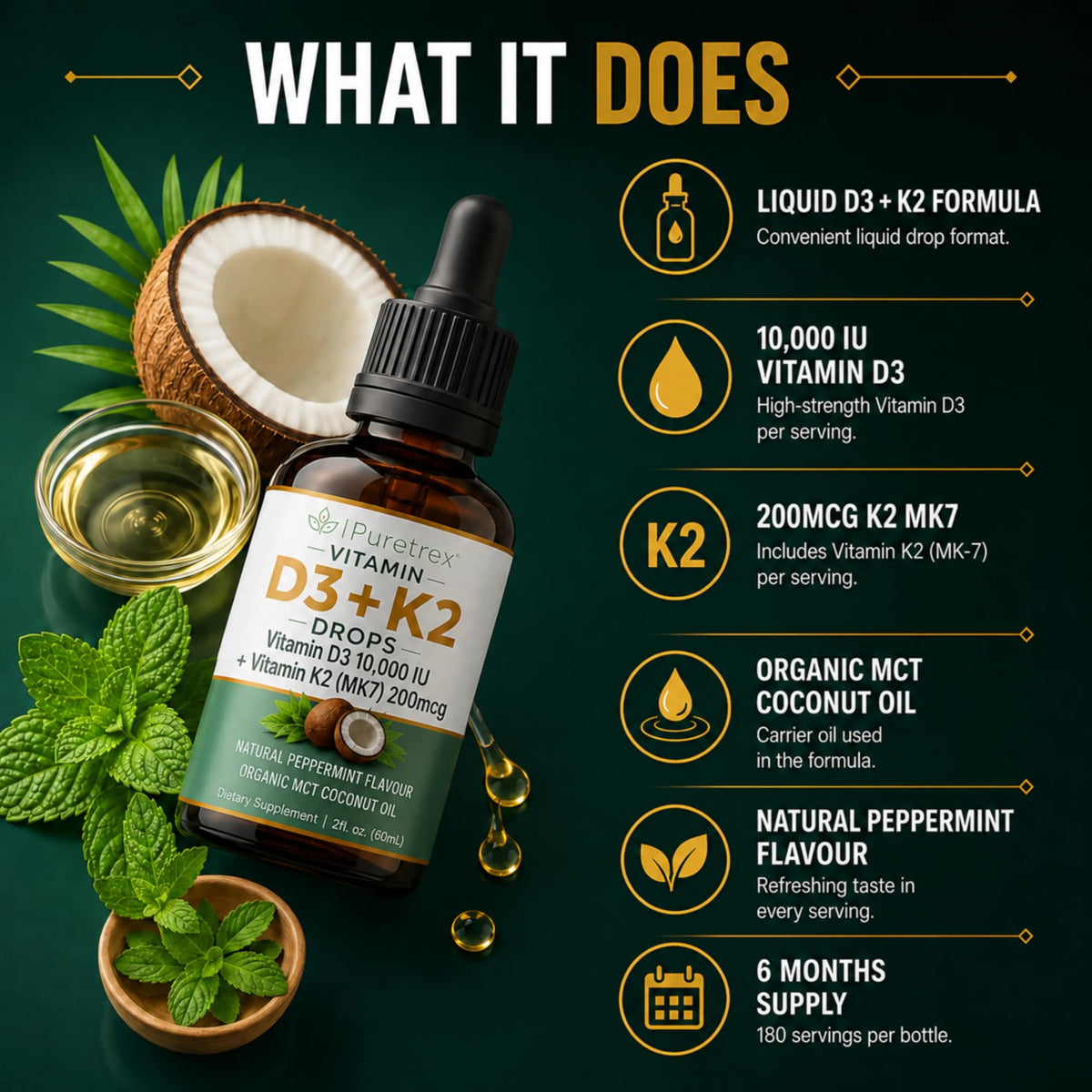 Vitamin D3 + K2 Drops 10,000 IU – K2 MK7 200mcg with Organic MCT Coconut Oil
