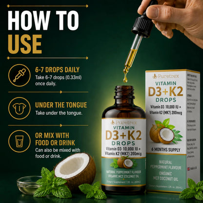 Vitamin D3 + K2 Drops 10,000 IU – K2 MK7 200mcg with Organic MCT Coconut Oil