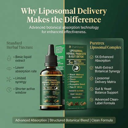 Liposomal delivery product with Puretrex branding on a green background