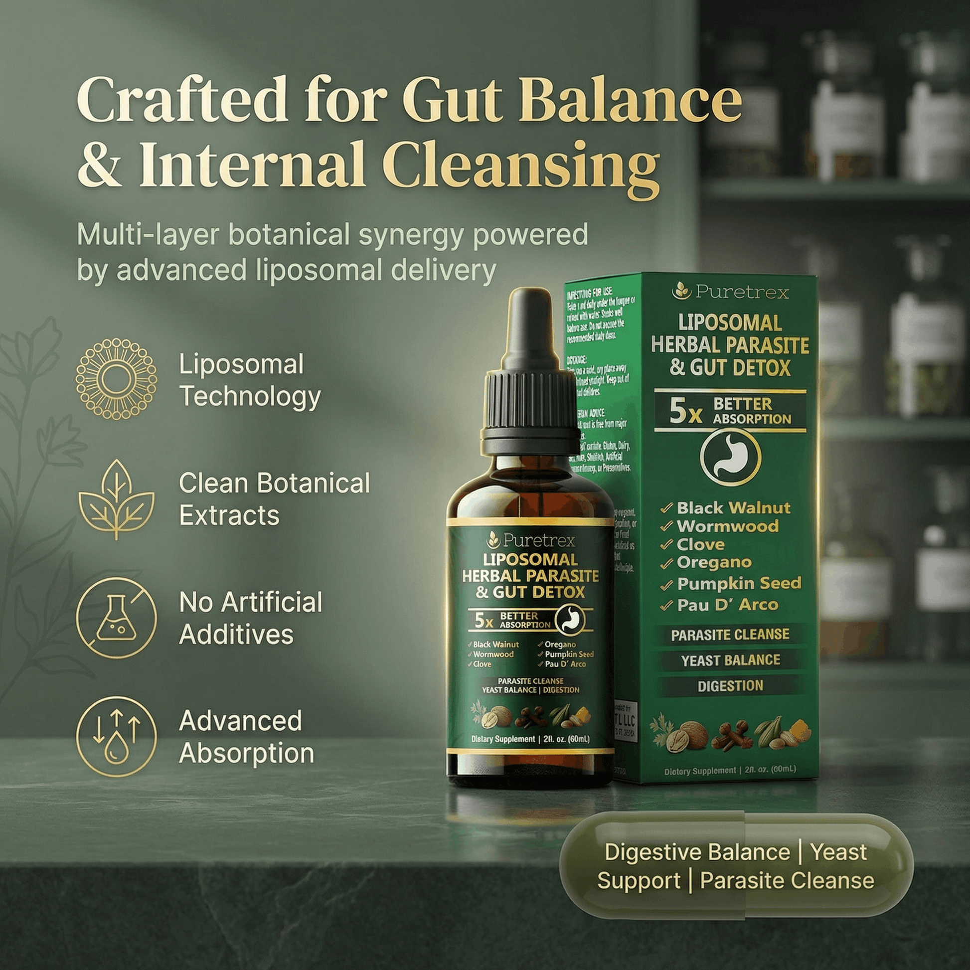 Liposomal herbal parasite and gut detox product with packaging on a green background
