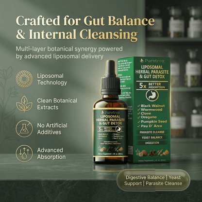 Liposomal herbal parasite and gut detox product with packaging on a green background