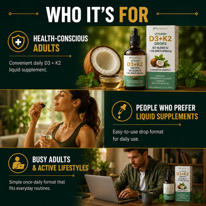 Vitamin D3 + K2 Drops 10,000 IU – K2 MK7 200mcg with Organic MCT Coconut Oil