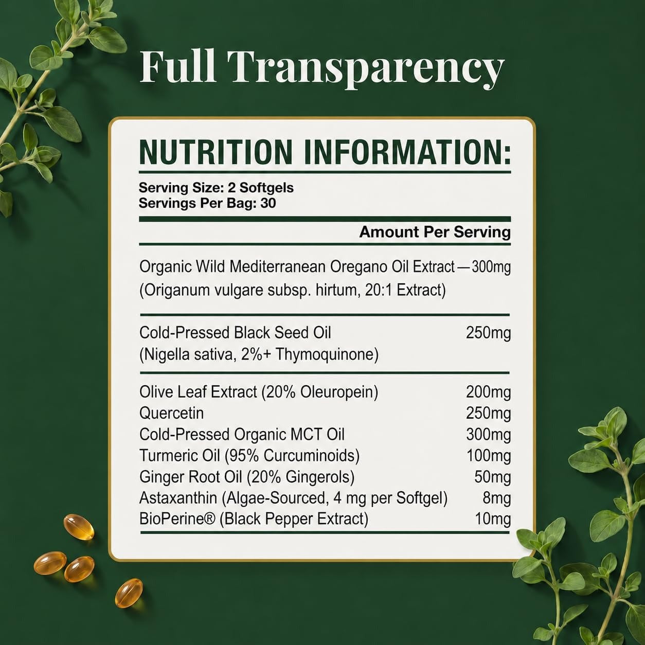 Wild Oil of Oregano 6000mg – 95% Carvacrol with Black Seed Oil & Turmeric | 60 Softgels