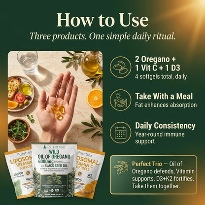 Immune Defense Triple Stack — Oil of Oregano + Liposomal Vitamin C + D3+K2