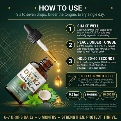 Vitamin D3 + K2 Drops 10,000 IU – K2 MK7 200mcg with Organic MCT Coconut Oil
