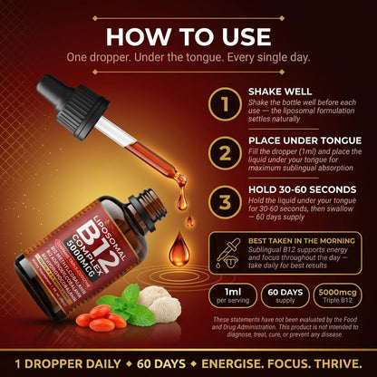 Liposomal B12 Complex Drops 5000mcg – Triple Active B12 with Methylcobalamin