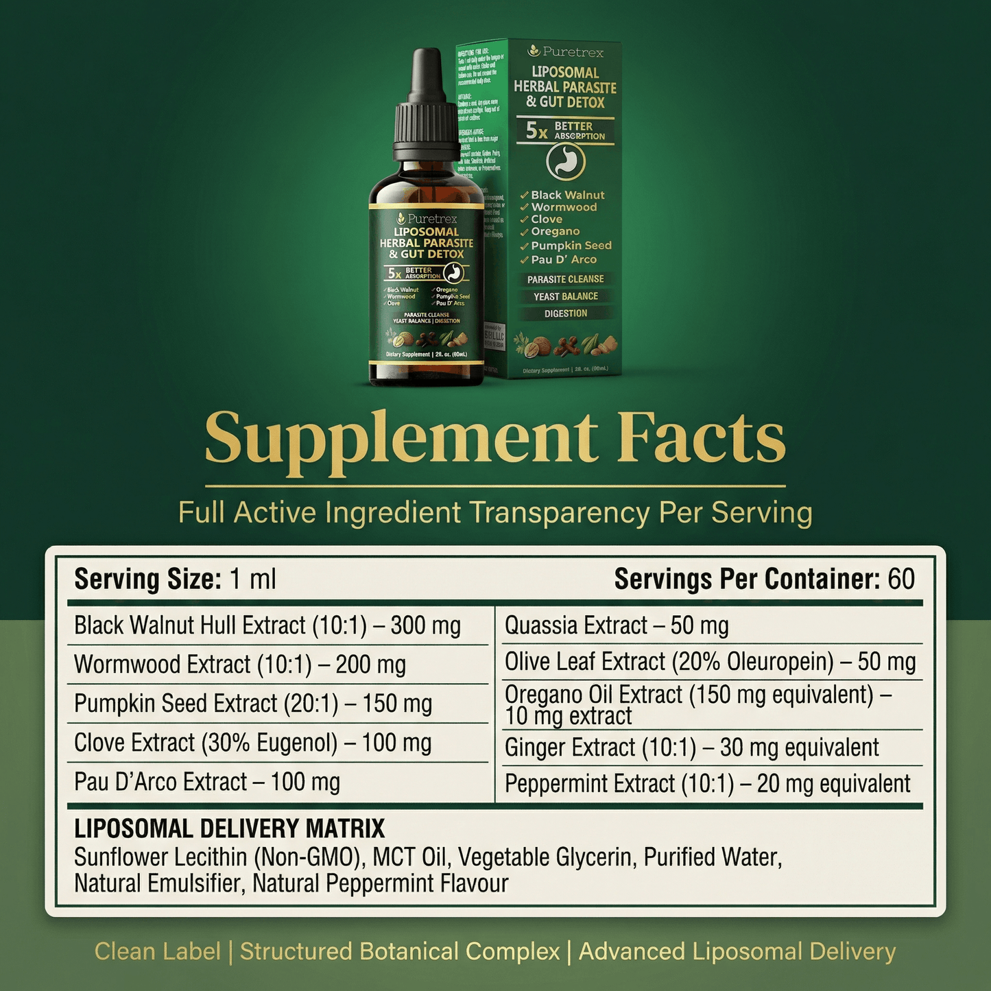 Back of a Puretrex supplement package with text and branding.