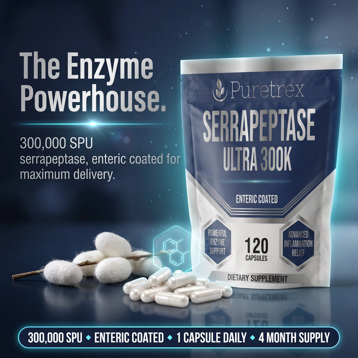 Serrapeptase Ultra 300,000 SPU – Enteric Coated Vegan Capsules