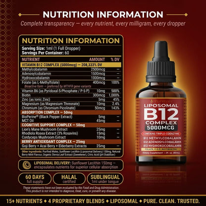 Liposomal B12 Complex Drops 5000mcg – Triple Active B12 with Methylcobalamin