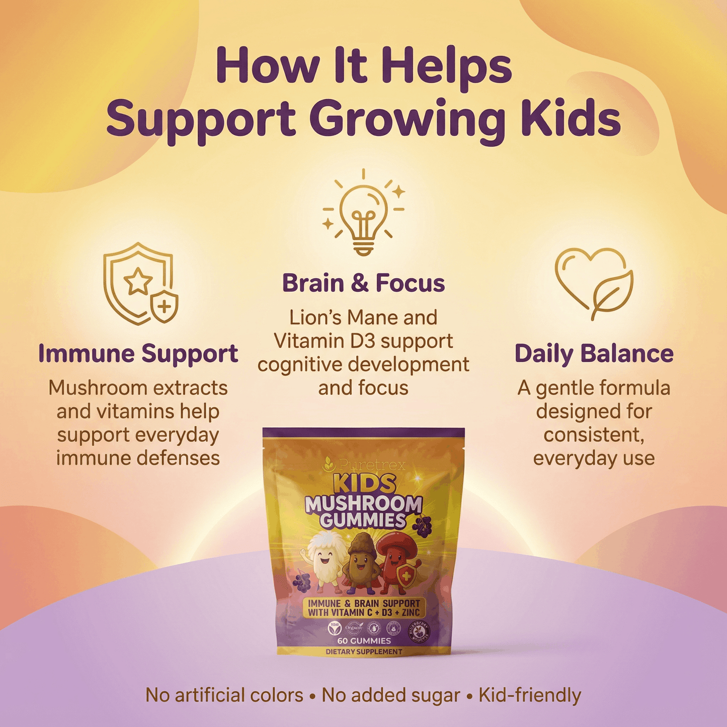Advertisement for Kids Mushroom Gummies with text on benefits and features on a gradient background