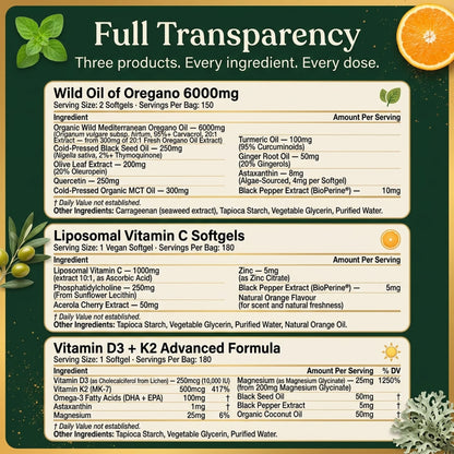 Immune Defense Triple Stack — Oil of Oregano + Liposomal Vitamin C + D3+K2