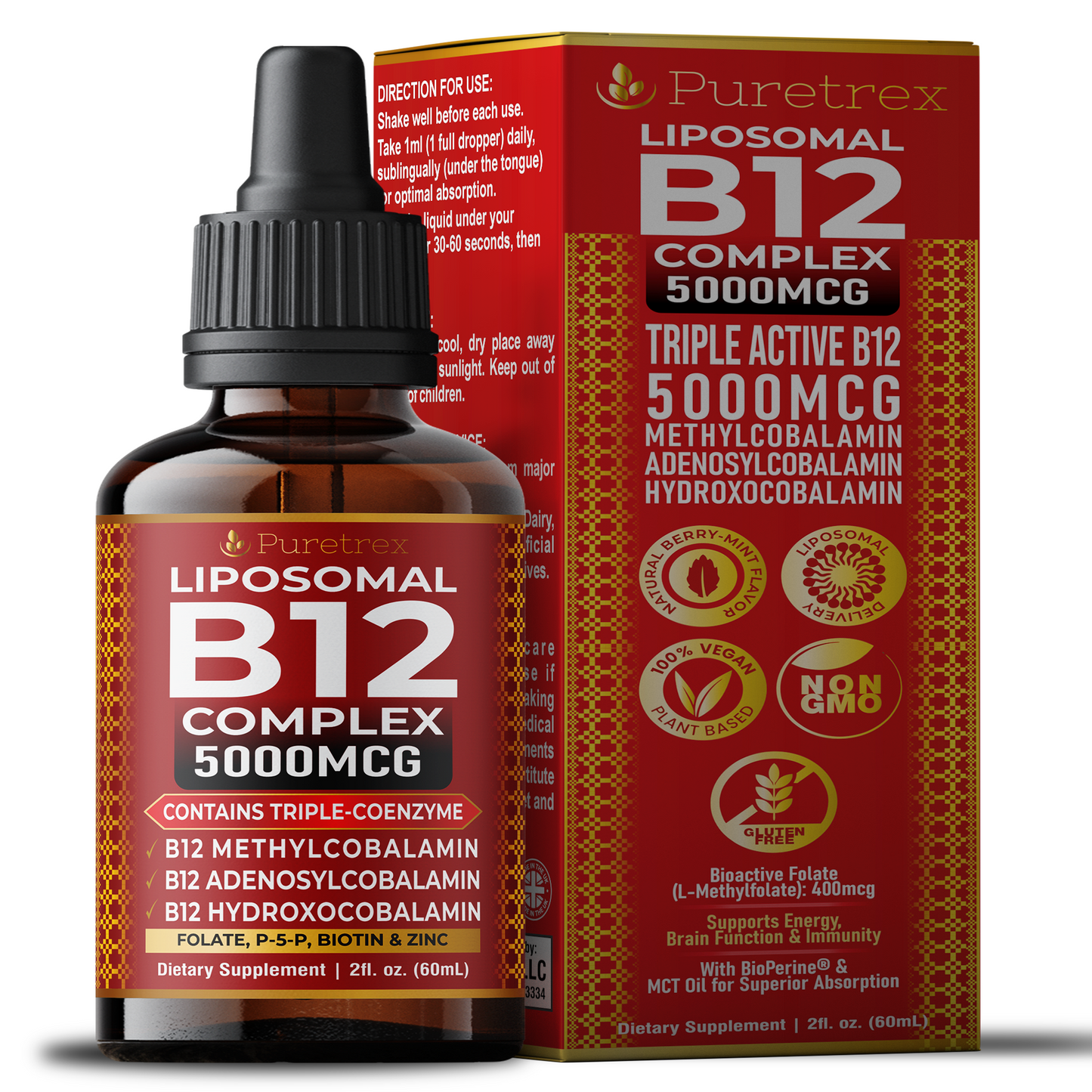 Liposomal B12 Complex Drops 5000 mcg - product packaging by PURETREX