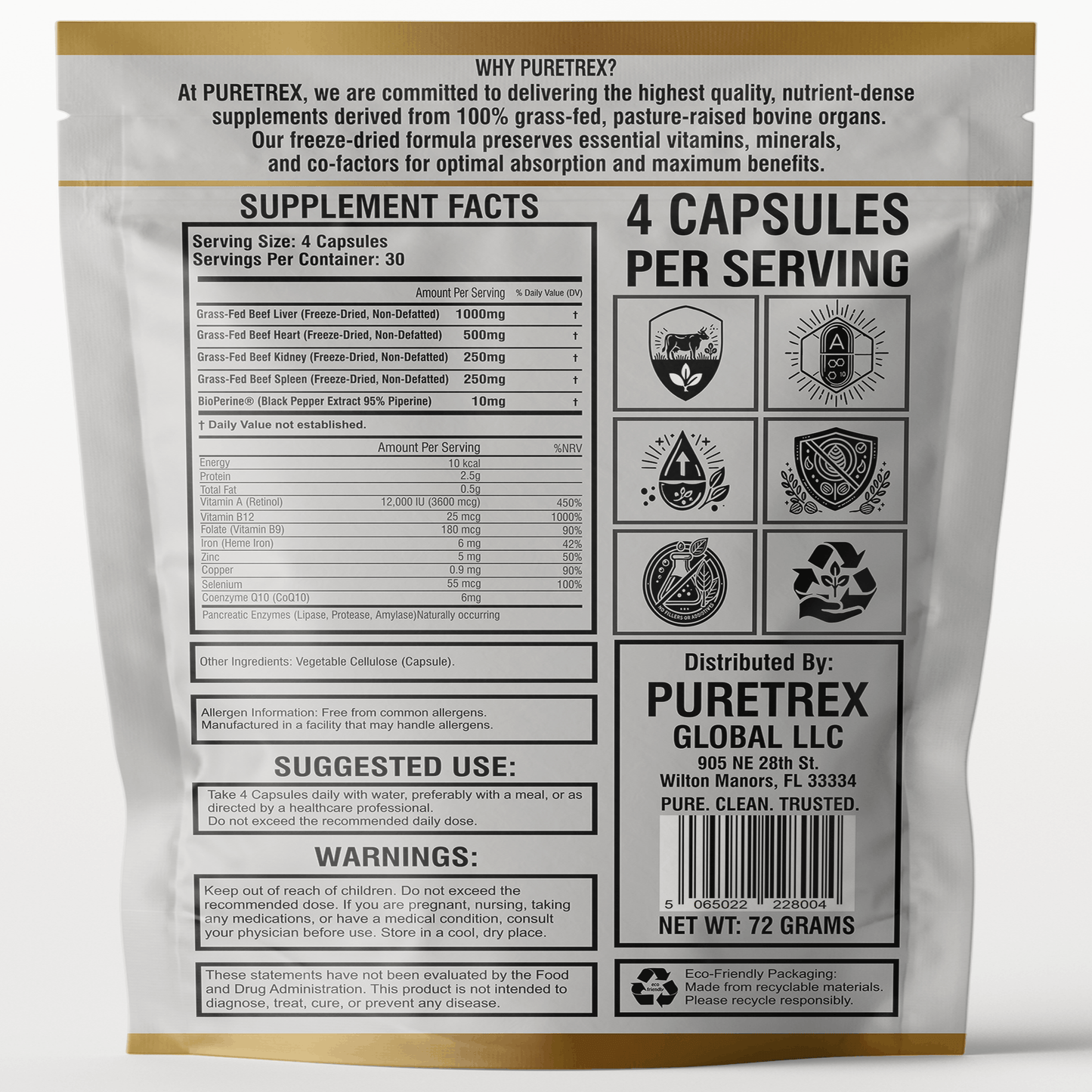 Grass-Fed Beef Organs Complex - back of packaging with nutrition facts