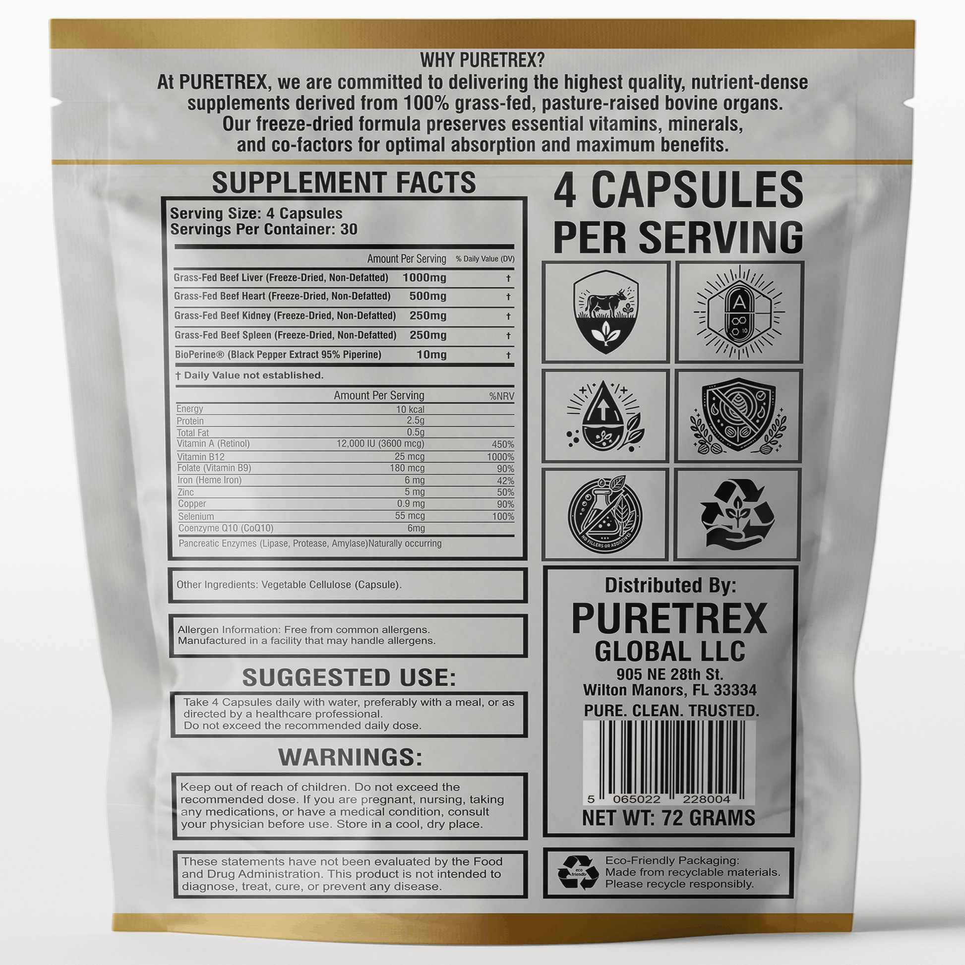 Grass-Fed Beef Organs Complex - back of packaging with nutrition facts
