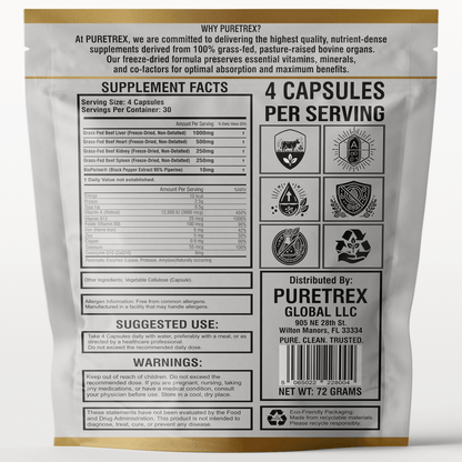 Grass-Fed Beef Organs Complex - back of packaging with nutrition facts
