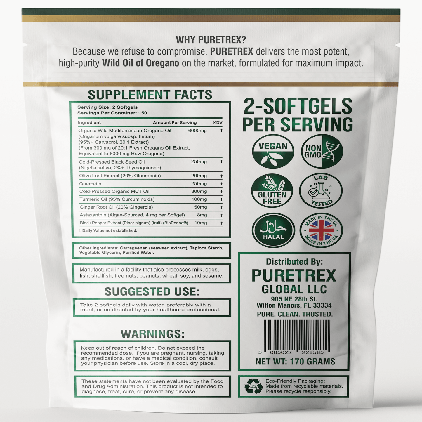 Supplement package with Puretrex branding and nutritional information on a white background
