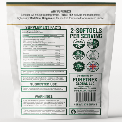 Supplement package with Puretrex branding and nutritional information on a white background