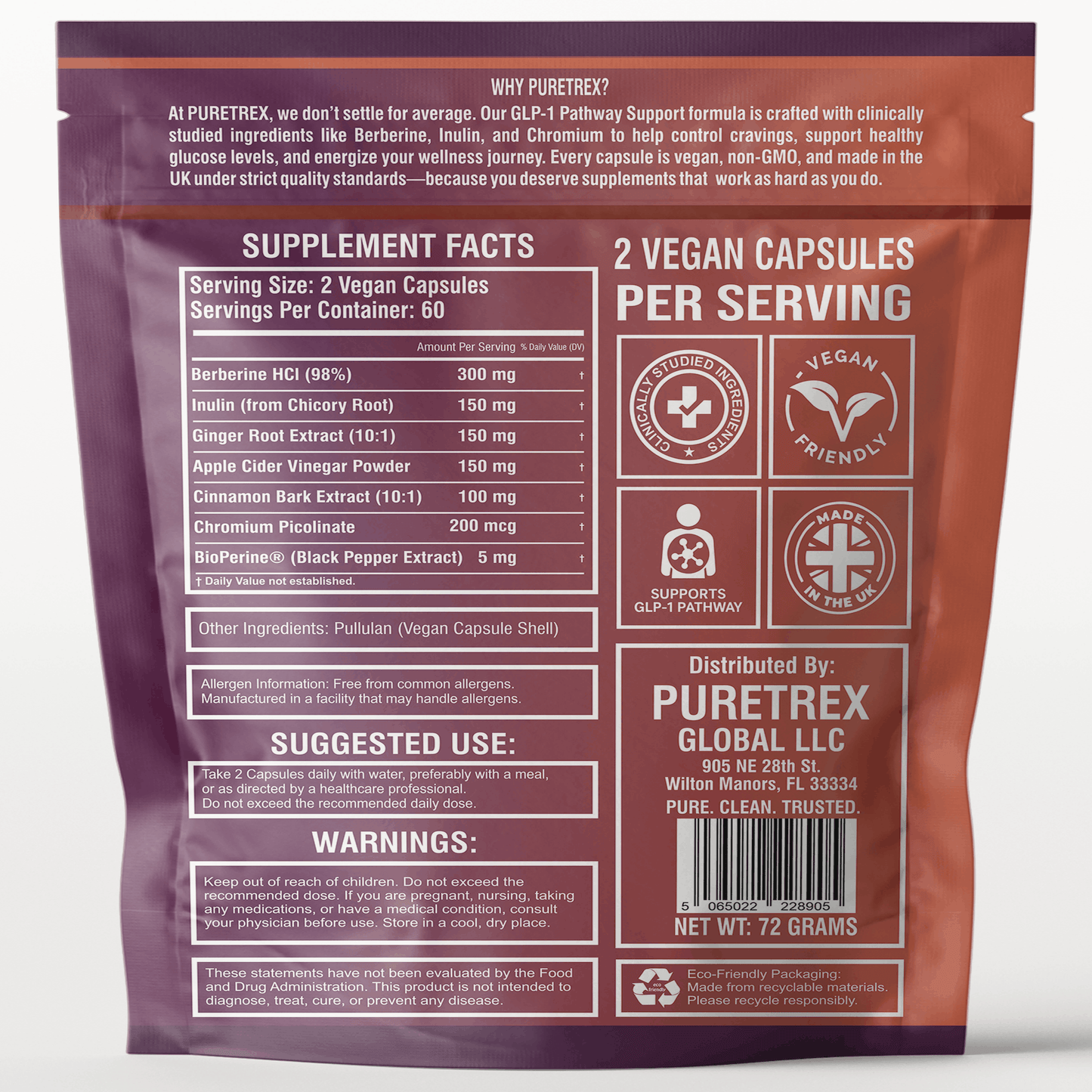 GLP-1 Support Complex with Berberine, Inulin & Chromium - back of packaging with nutrition facts