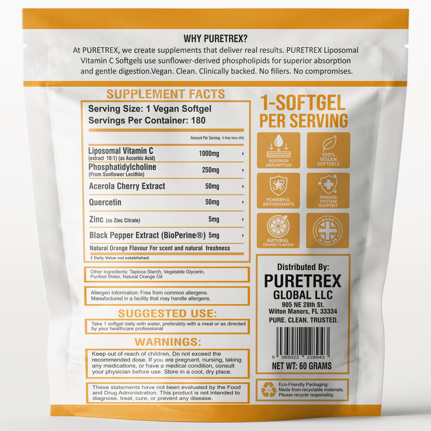 Liposomal Vitamin C Softgels - back of packaging with nutrition facts
