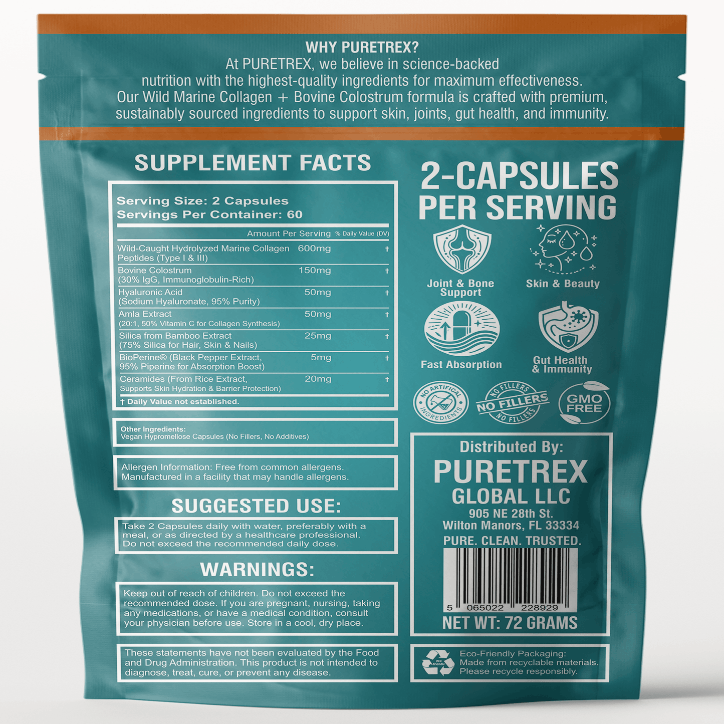 Wild Marine Collagen Peptides + Bovine Colostrum - back of packaging with nutrition facts