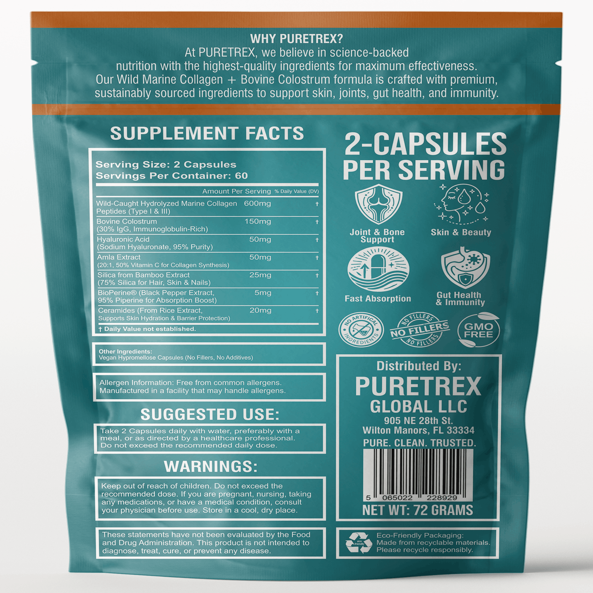 Wild Marine Collagen Peptides + Bovine Colostrum - back of packaging with nutrition facts