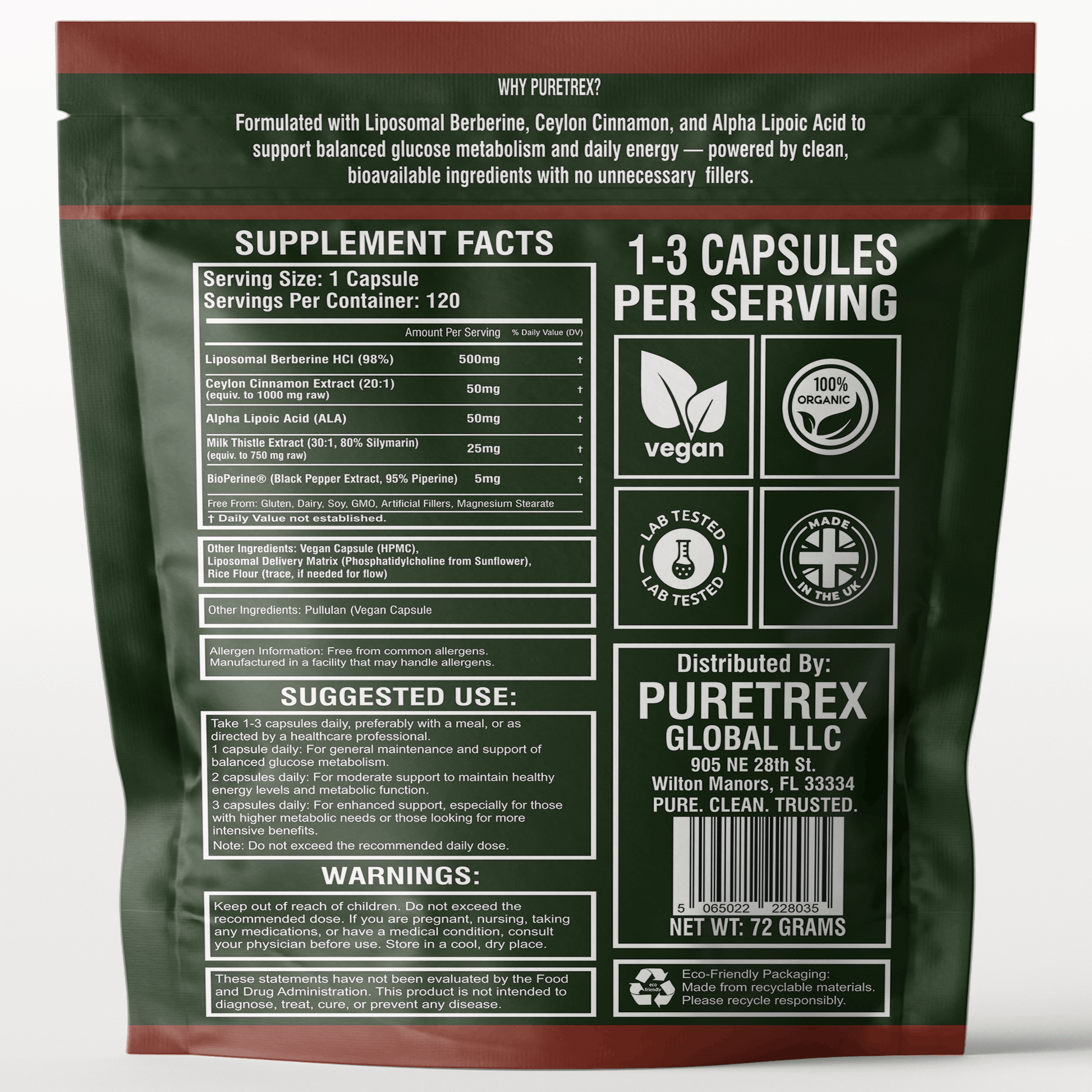 Liposomal Berberine 98% HCL 500mg + Ceylon Cinnamon, ALA, Milk Thistle - back of packaging with nutrition facts