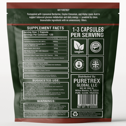 Liposomal Berberine 98% HCL 500mg + Ceylon Cinnamon, ALA, Milk Thistle - back of packaging with nutrition facts