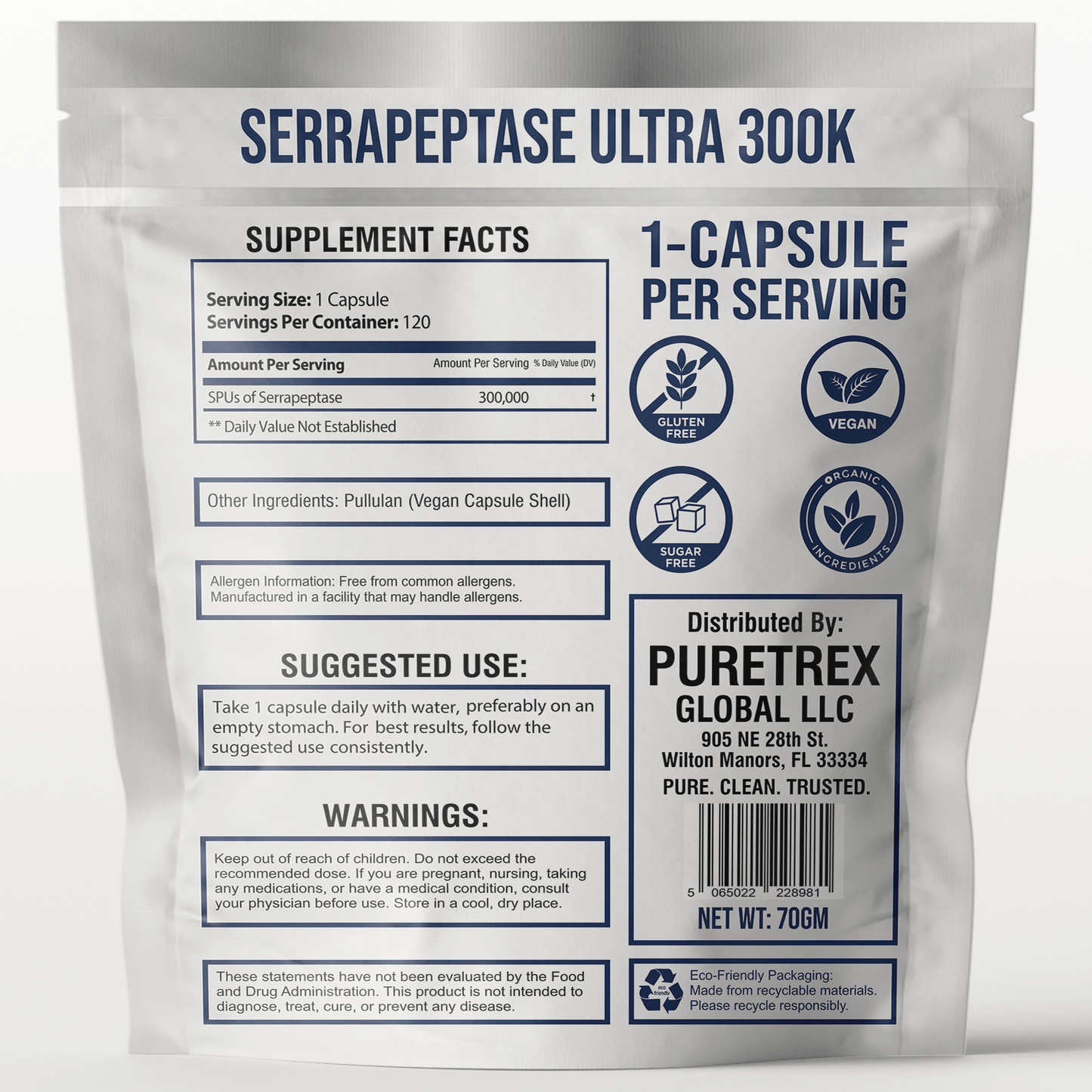 Serrapeptase Ultra 300K supplement packaging with label details on a white background