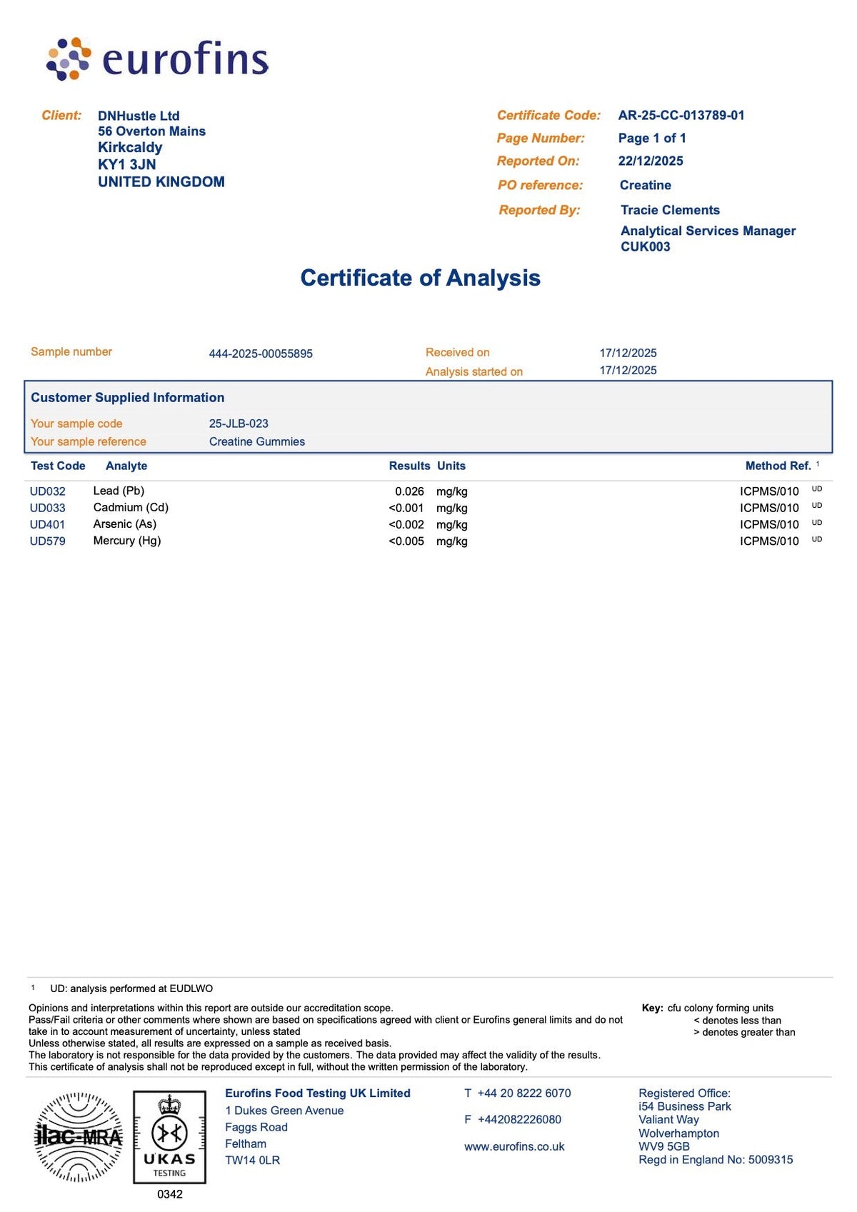Certificate of Analysis — heavy metals test results for Creatine Gummies 5g + BCAA & Electrolytes – Arctic Dragon Fruit Shock