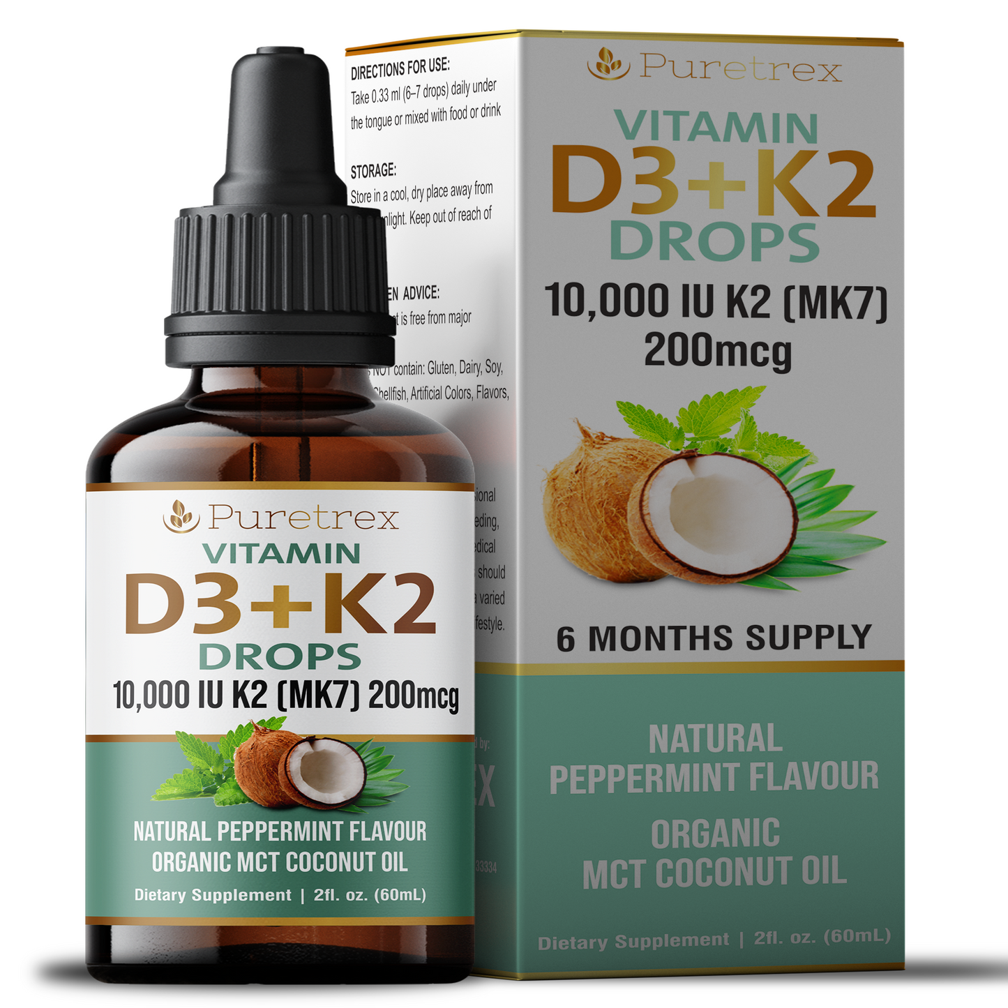 Vitamin D3 + K2 Drops 10,000 IU - product packaging by PURETREX