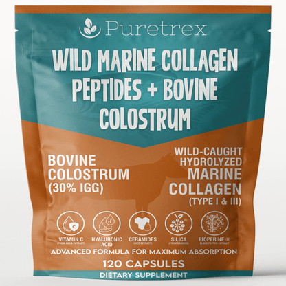 Wild Marine Collagen Peptides + Bovine Colostrum - product packaging by PURETREX