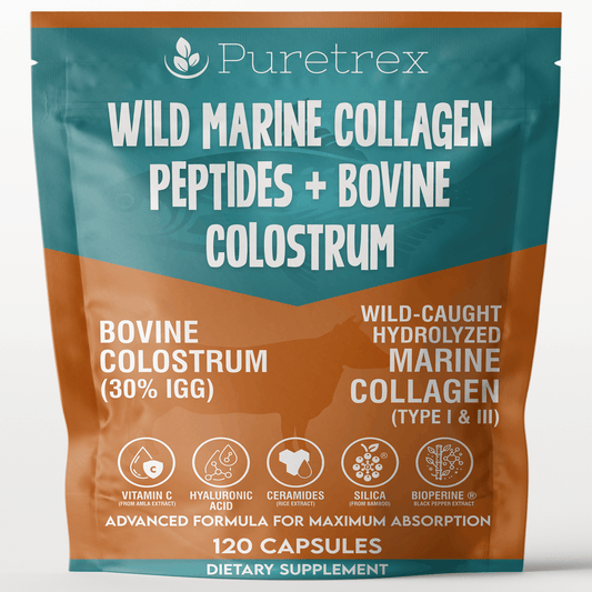 Wild Marine Collagen Peptides + Bovine Colostrum - product packaging by PURETREX