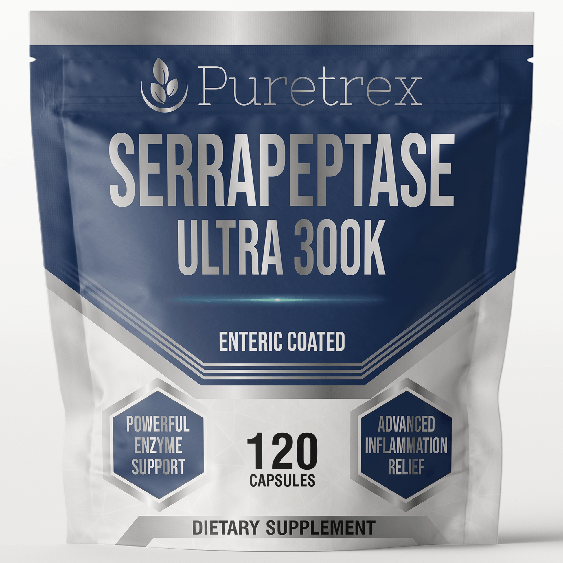 Puretrex Serrapeptase Ultra 300K dietary supplement package on a white background