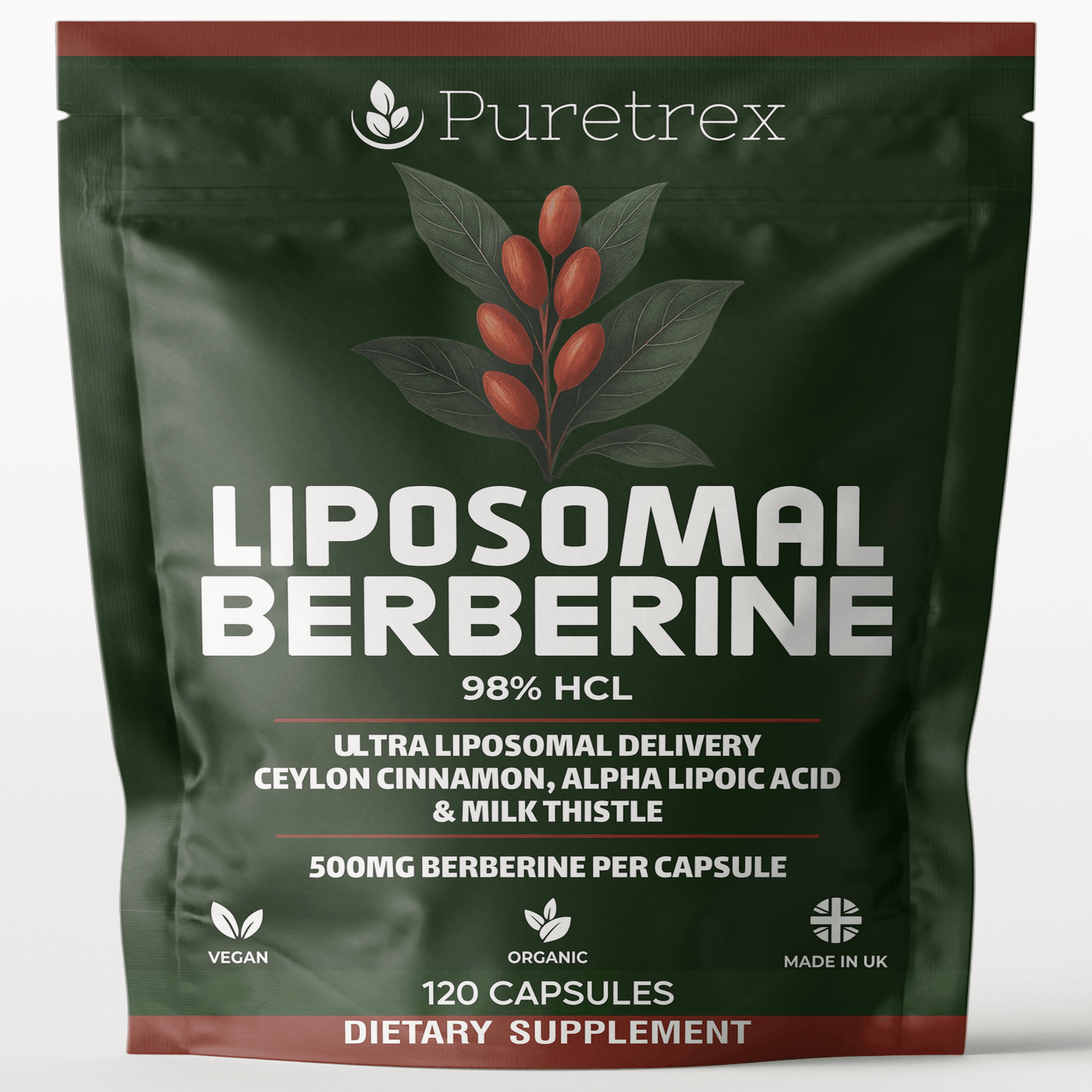 Liposomal Berberine 98% HCL 500mg + Ceylon Cinnamon, ALA, Milk Thistle - product packaging by PURETREX
