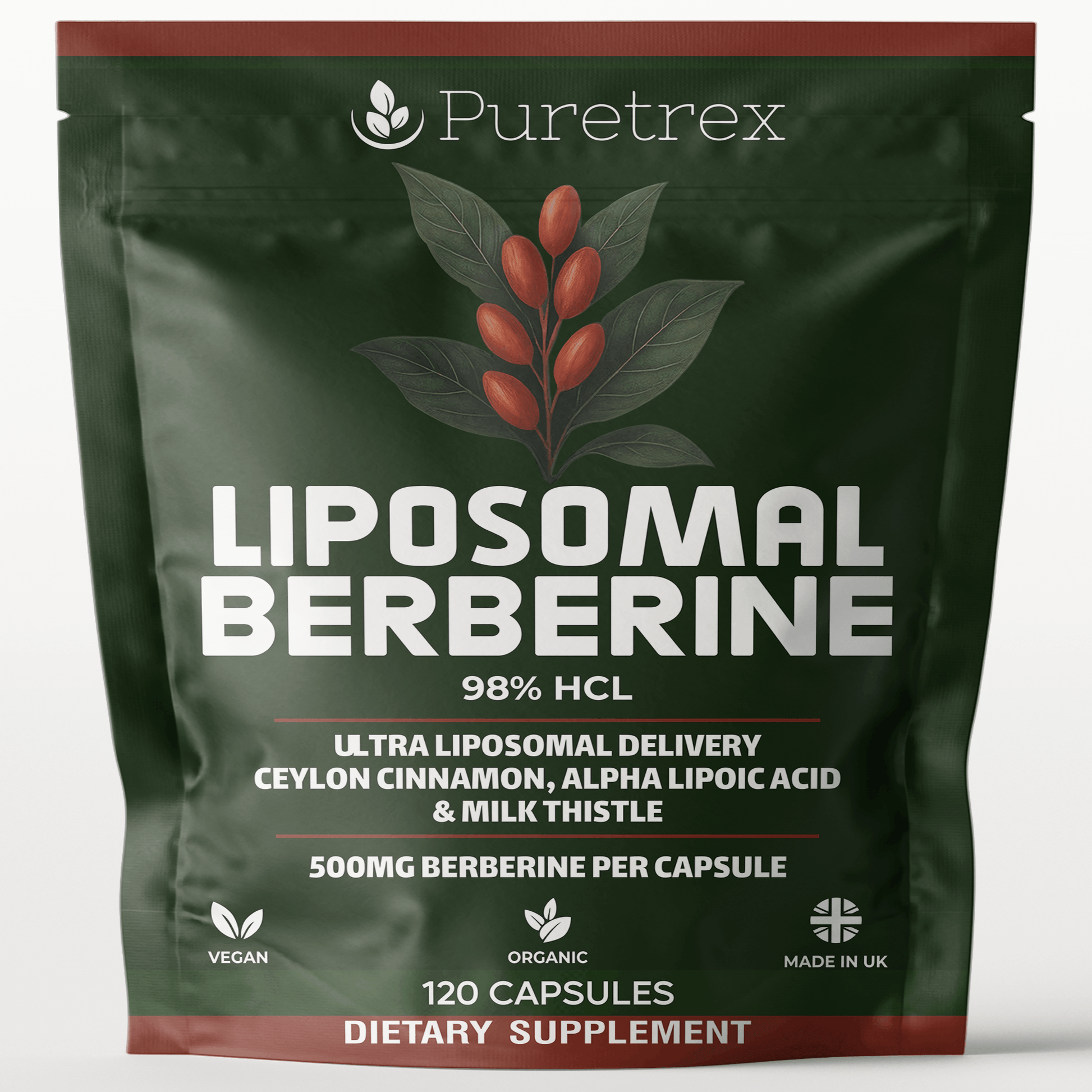 Liposomal Berberine 98% HCL 500mg + Ceylon Cinnamon, ALA, Milk Thistle - product packaging by PURETREX
