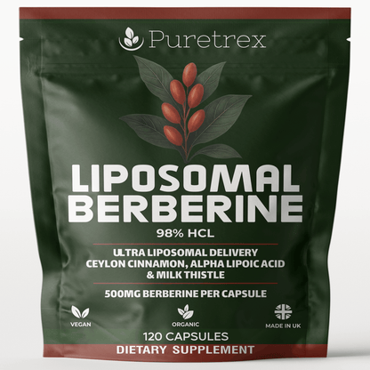 Liposomal Berberine 98% HCL 500mg + Ceylon Cinnamon, ALA, Milk Thistle - product packaging by PURETREX