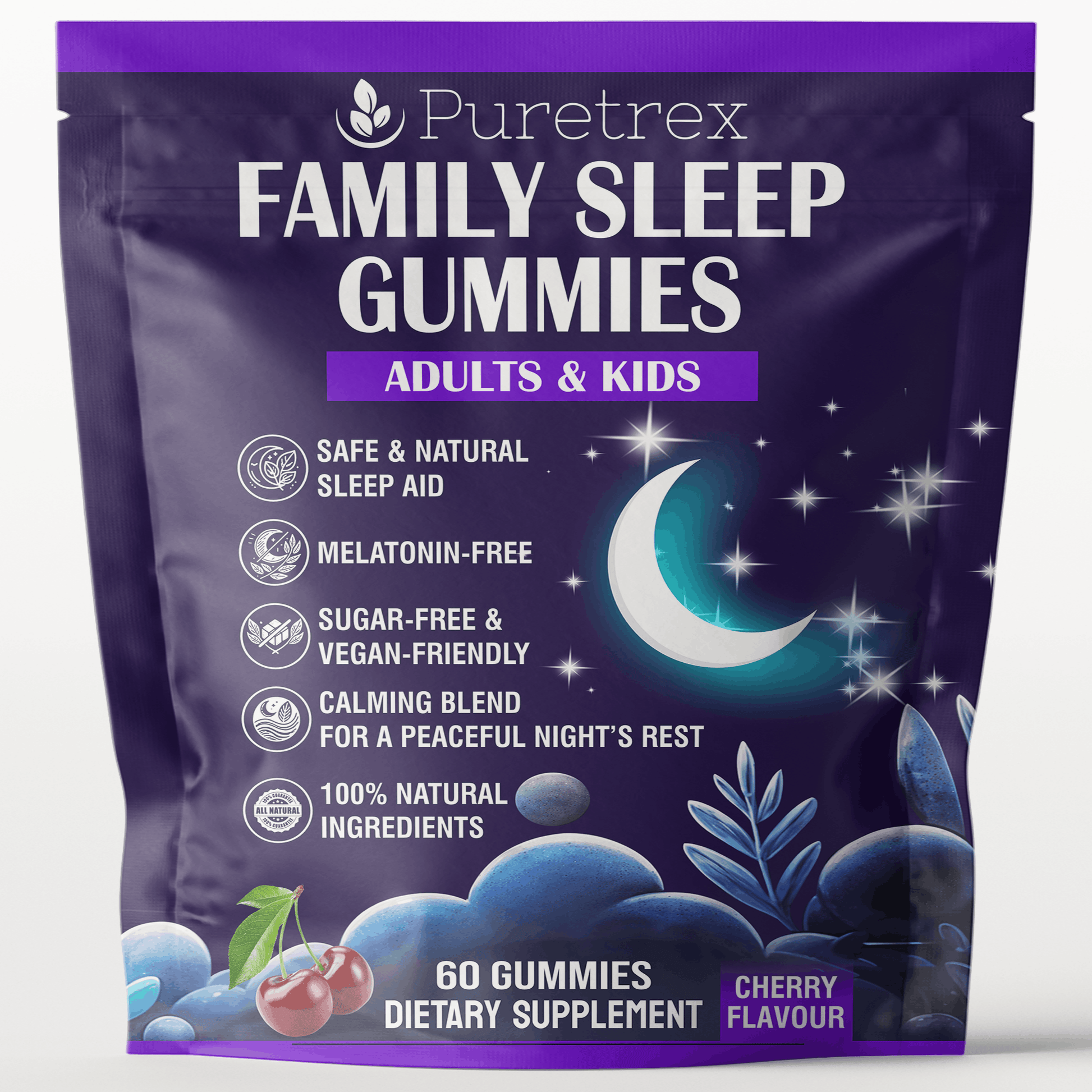 Family Sleep Gummies for Adults & Kids (4+) - product packaging by PURETREX