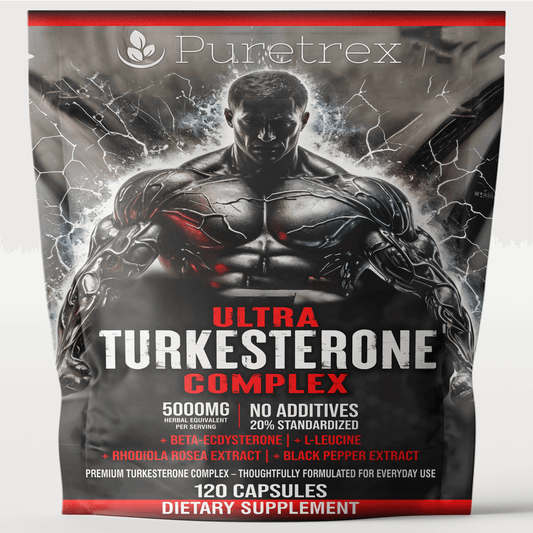 PURETREX Ultra Turkesterone Complex 5000mg supplement pouch featuring a muscular figure and bold red-black design, highlighting key ingredients Beta-Ecdysterone, L-Leucine, Rhodiola Rosea, and Black Pepper Extract, 120 capsules dietary supplement packaging.