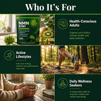 NMN + Resveratrol Kiwi Gummies – NAD+ with CoQ10 & Vitamin D3