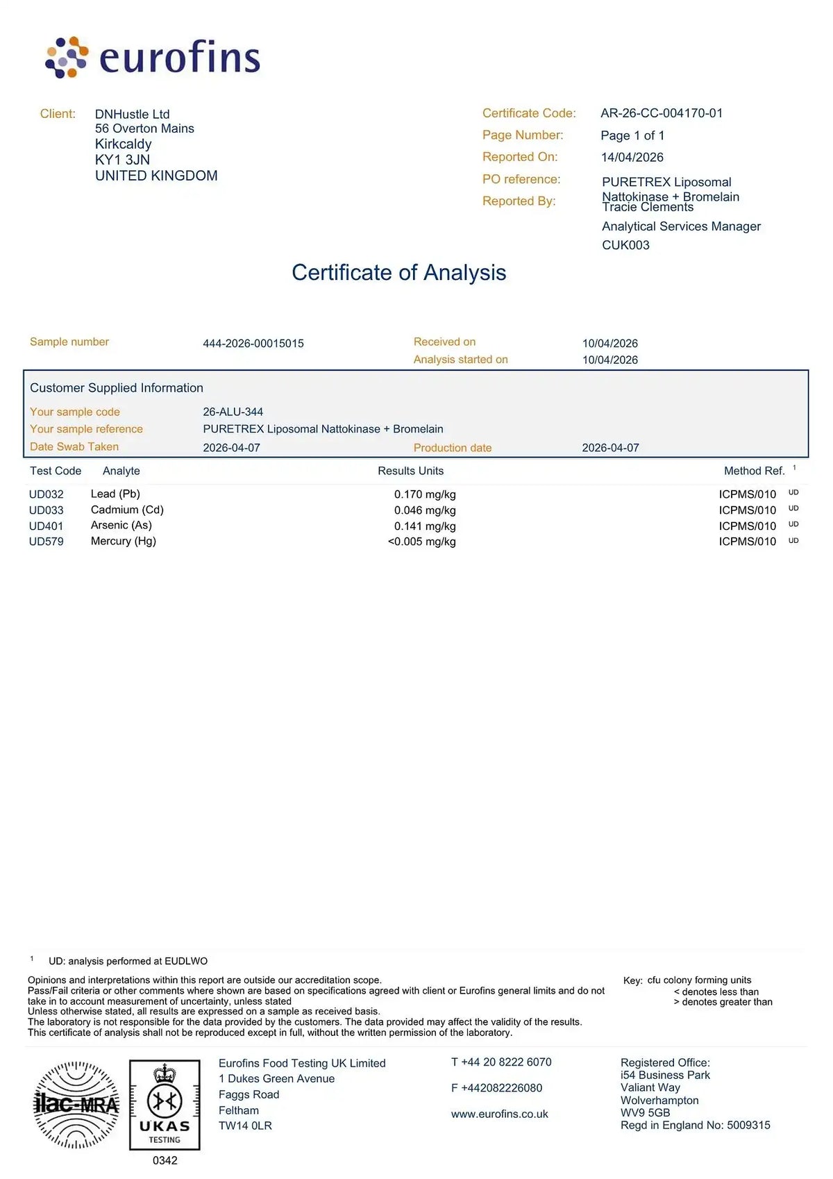 Certificate of Analysis — heavy metals test results for Liposomal Nattokinase 4000FU + Bromelain – Circulation & Heart Support