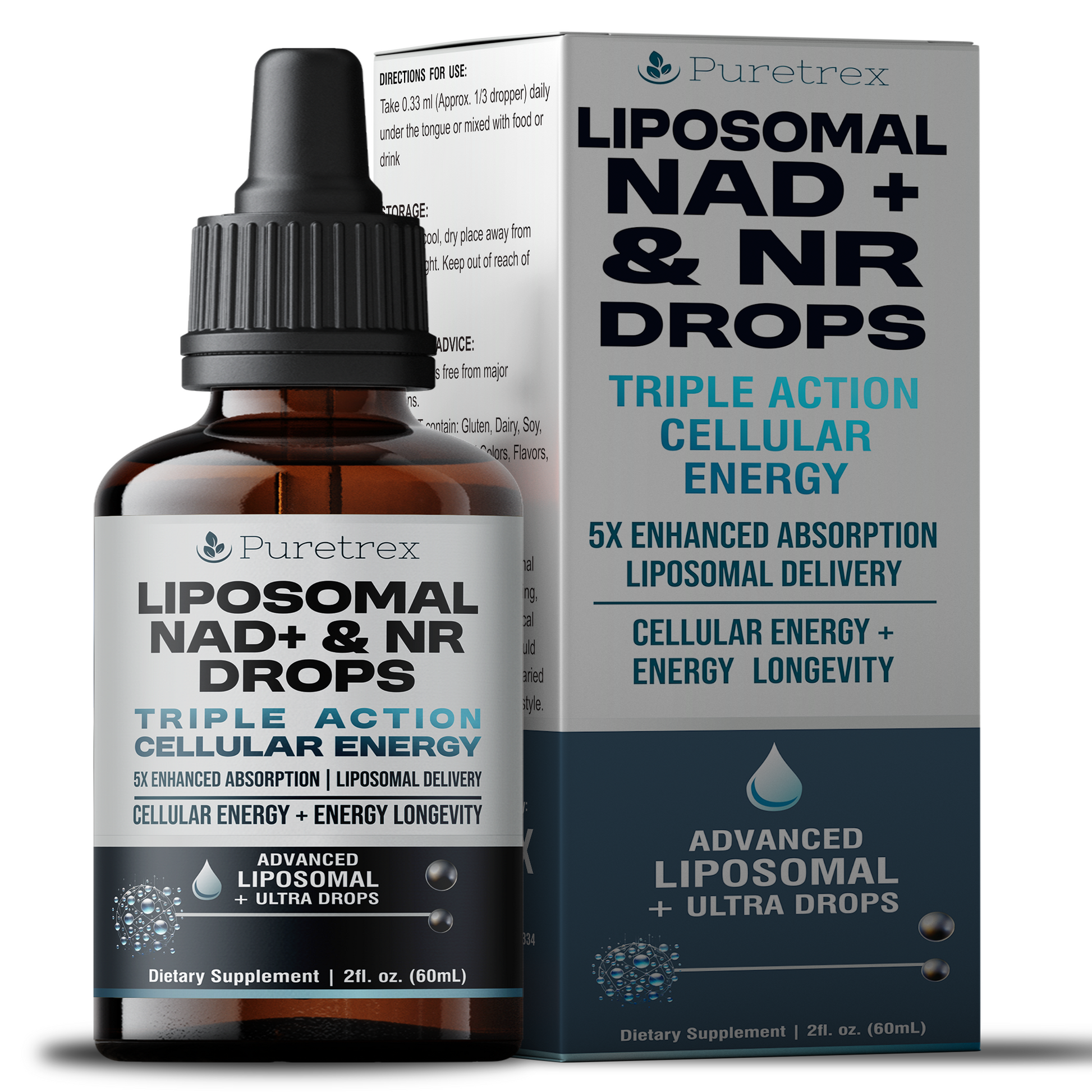 Liposomal NAD+ & NR Drops - product packaging by PURETREX