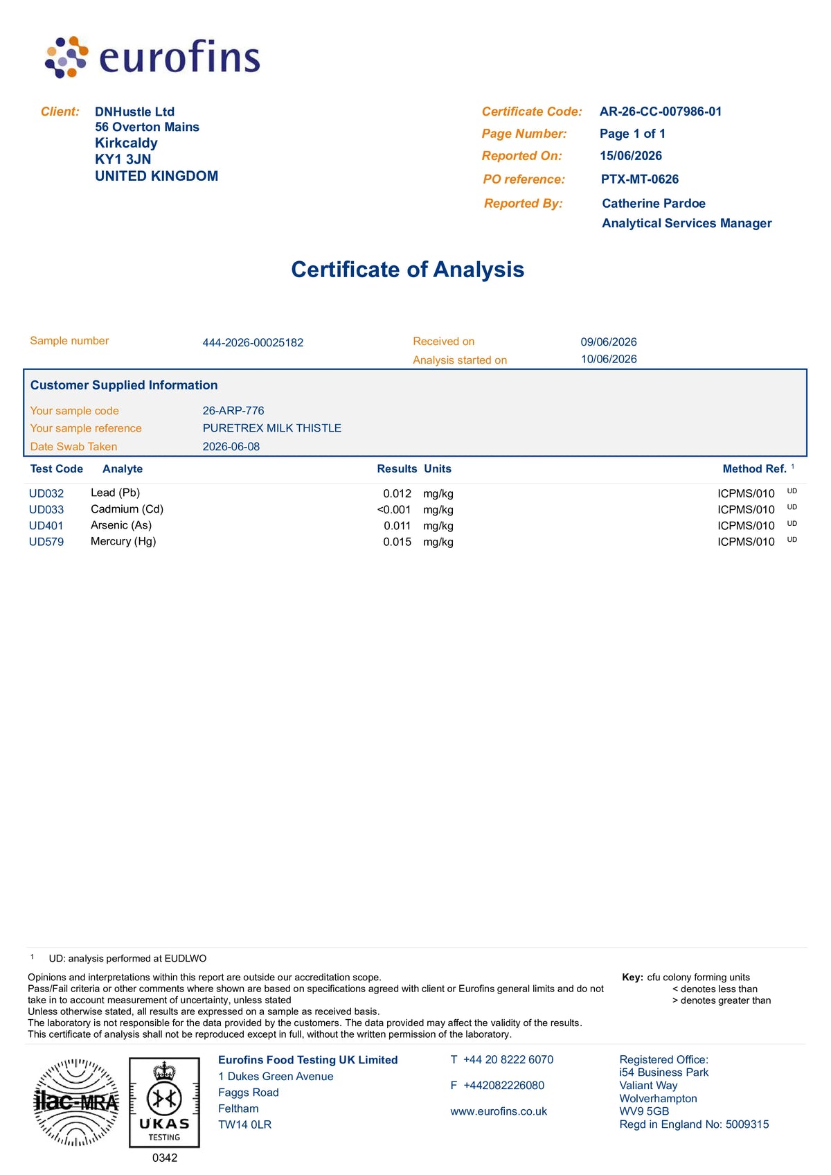 Certificate of Analysis — heavy metals test results for Milk Thistle Capsules 8000mg – 80% Silymarin + NAC, Artichoke, Choline | Liver Support