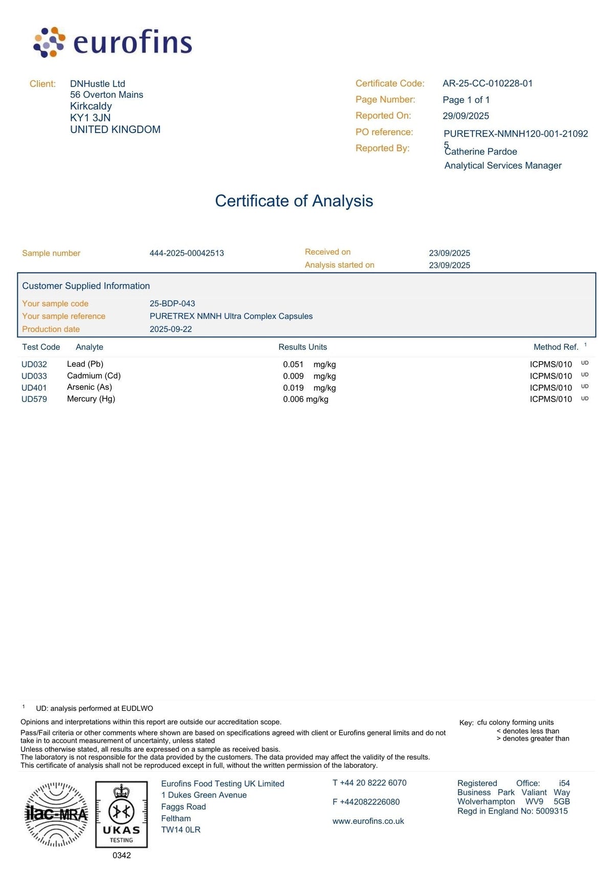 Certificate of Analysis — heavy metals test results for NMN & Resveratrol 7-in-1 Complex – CoQ10, TMG & BioPerine® Capsules